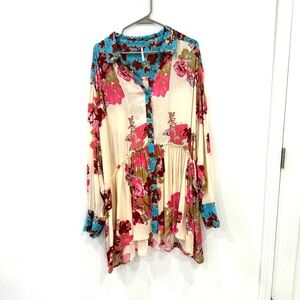 Free People Brunch a Bunch Light Combo Oversized Floral XL Tunic Dress Buttons